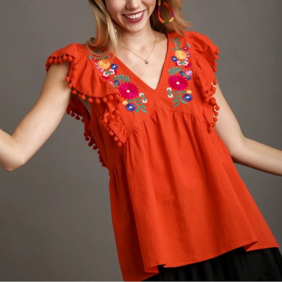 Umgee Tops - Floral Embroidery Top with Pom Pom Detail